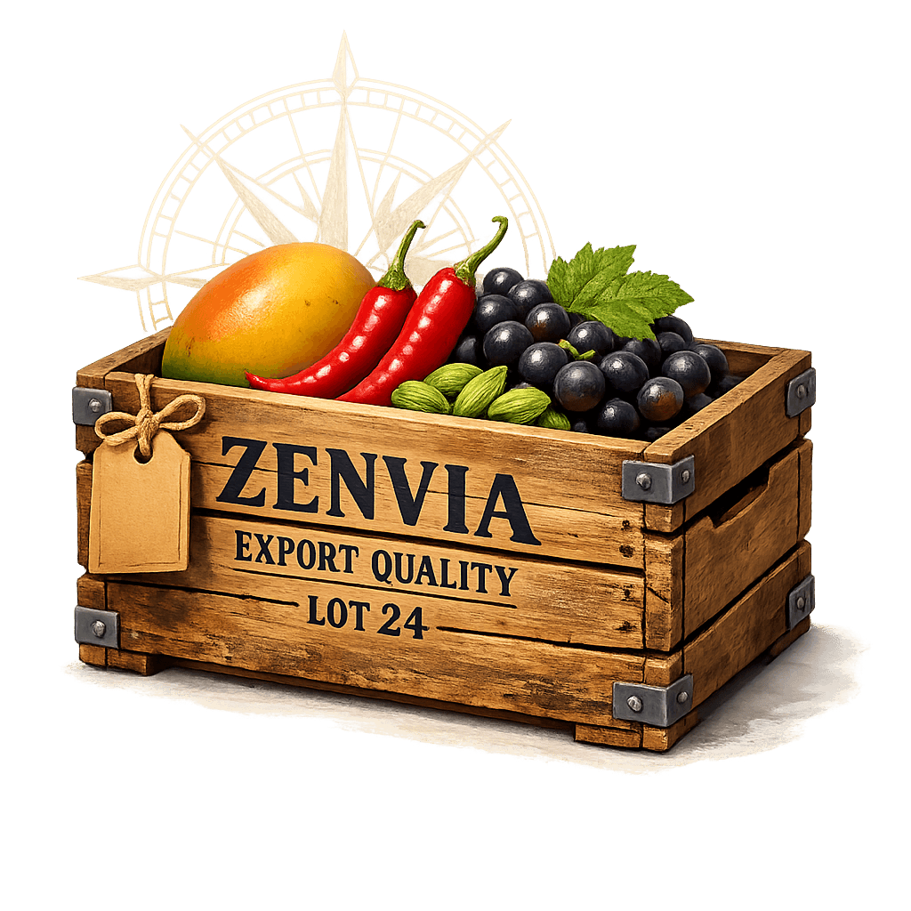 A wooden export crate stamped with ZENVIA, piled with mango, red chillies, cardamom and grapes.