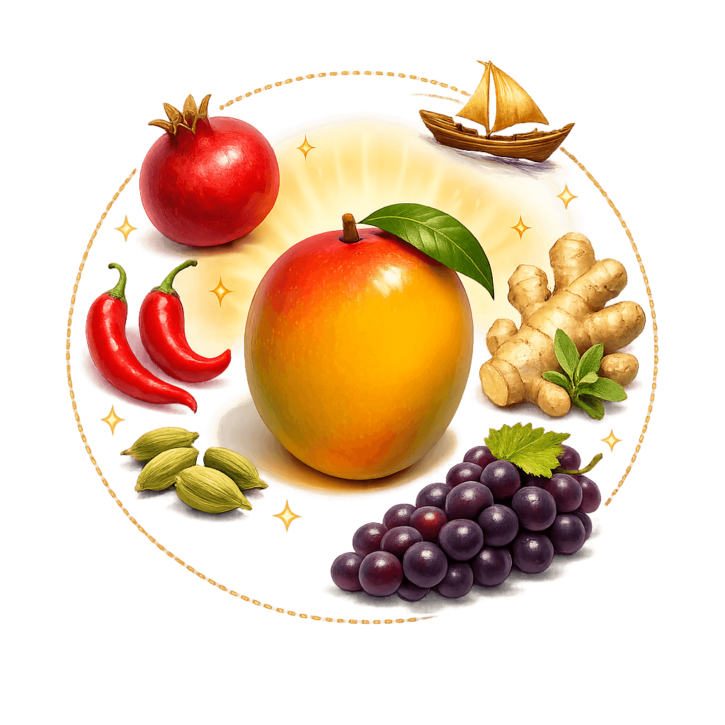 A composition of premium Indian produce — mango, pomegranate, red chillies, cardamom, ginger and grapes — orbiting a trade-route ring with a sailing dhow.
